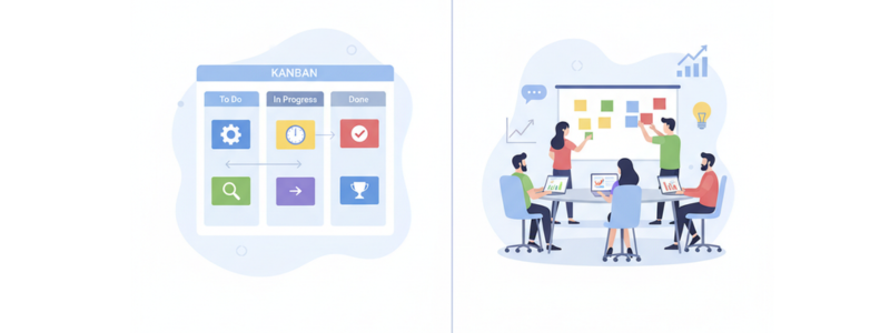 Comparison of Kanban and Scrum workflows for small teams using project management boards.